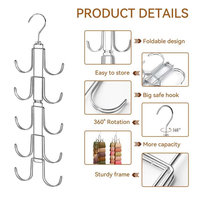 CharmBurst Handbag Organiser for Cupboard, Improved Handbag Hanger with 10