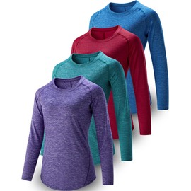 4-Pack: Womens Long Sleeve Athletic Tops with Thumb Holes – Dry Fit Active Crewneck Workout Tees (Set 4, Large)