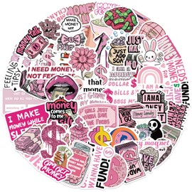 50Pcs Pink Money Stickers Pack,Cute Gold Coin Decals for Laptops Trackpads Keyboards Backpacks Skateboards Luggage Water Bottles Scrapbooks Mirrors Notebooks Journals Cars Bumpers.