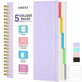 Spiral Notebook 8.5" x 11", 5 Subject Notebooks College Ruled with Removable Dividers, 300 Pages 100GSM Thick Spiral Writing Journal for Women & Men, Large A4 Lined Journal Notebooks for Work, School