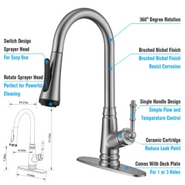 Single Handle High Arc Brushed Nickel Pull Out Kitchen Faucet, Single Level Stainless Steel Kitchen Sink Faucets with Pull Down Sprayer
