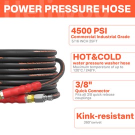 Heliwoo 5/16" Pressure Washer Hose 25 FT, Commercial Industrial Grade Steel Wire Braided Kink Proof Extension Hose with 3/8 Quick Connect 4500 PSI