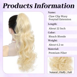 Vejamotowa Ponytail Extension Curly Wavy, 22" Bleach Blonde Claw Clip Ponytail Extensions for Women, Fluffy Long Wavy Curly Fake Pony Tail Clip in Hair (613A#, 22 Inch)