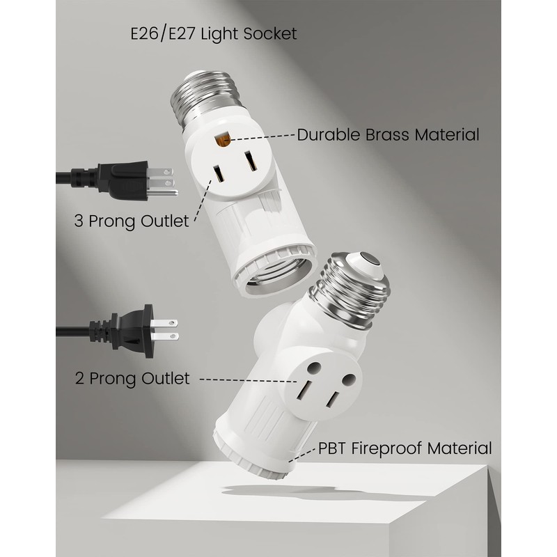 2-Pack Light Socket to Plug Adapter, JACKYLED E26/E27 3 Prong