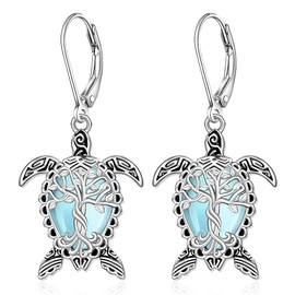 Sea Turtle Earrings for Women Moonstone Tree Of Life Earrings Sterling Silver Dangle Turtles Leverback Hawaii Jewelry Christmas Gifts