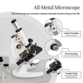 All-Metal Professional Microscope for Adults & Kids - 100X-2000X Compound Monocular Microscope with Slides & Specimen Kit, White