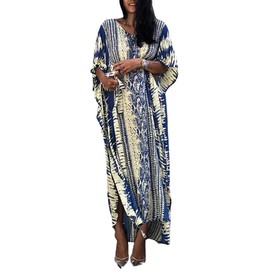 Orshoy Women's Beach Dress, Maxi Kaftan, Boho Beach Poncho, Long Bikini Cover-Up, Summer Maxi Dress, Loose Kimono, Sleepwear, One Size, A-Blue
