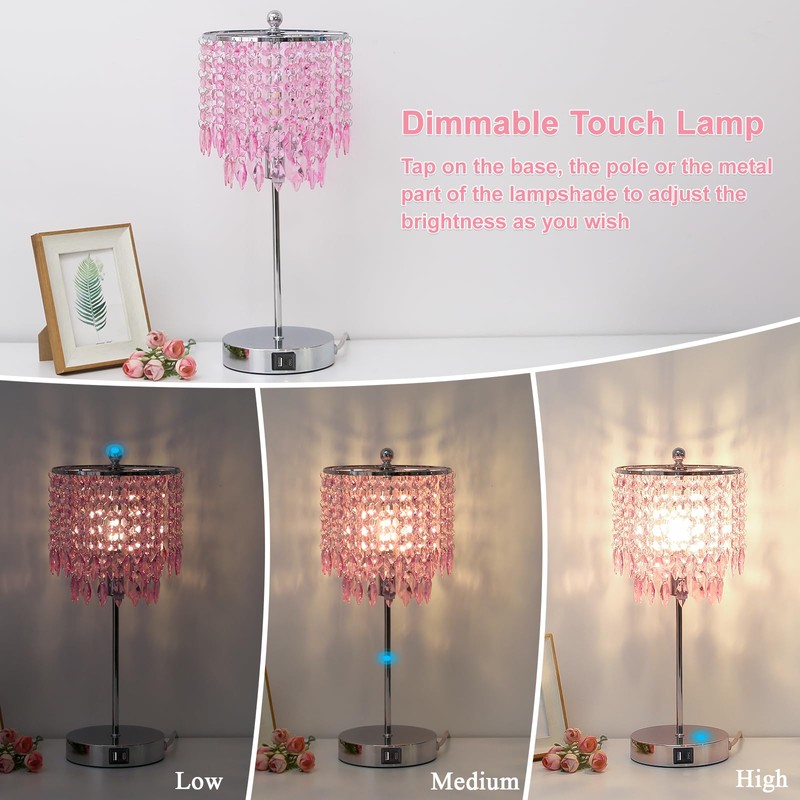 Boncoo Pink Crystal Lamps, Touch Control Crystal Table Lamp with