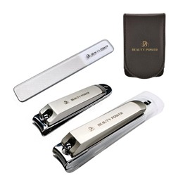 Beauty Power Nail Clippers Set 3 in 1 - Stainless Steel Toe Nail Clippers, Fingernail Clipper, Glass Nail File, Anti Splash, Ergonomic Grip in PU Leather Travel Case for Men & Women (Black)