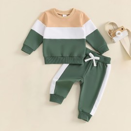 Toddler Baby Boy’s Casual Tracksuit Fall Winter Color Block Clothes Long Sleeve Sweatshirt Tops + Pants Sweatsuit Set(Green-B,12-18M)