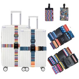 Pdodo Luggage Straps 4 Pieces Luggage Strap Adjustable Aviation Plates, 4 Adjustable Suitcase Strap Buckle Closure + 2 Luggage Tags, Suitcase Tag Suitcase with Name Plate, Address Tag, Travel