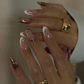 Hrnsnails Nail Press ons, Short Almond Press On Nails White French Tip Fake Nails with 3D Flashing Sun Temperament Manicure Design, Acrylic Artificial False Nails Press On Stick On Nails for Women