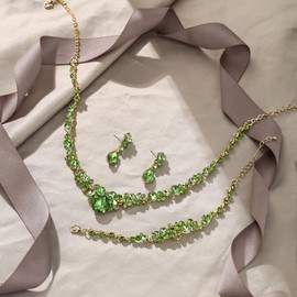 Ever Faith Light Green Jewellery Set for Women, Sparkly Rhinestone Crystal Teardrop Statement Necklace Dangle Earrings with Bracelet Sets for Wedding Cocktail Prom Party