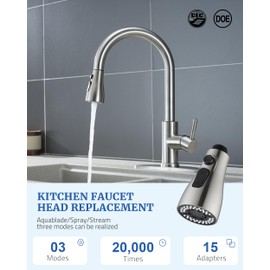 Kitchen Faucet Sprayer Head Replacement - Pull Down Faucet Spray Head with 15 Adapters, Pull Out Faucet Sprayer Nozzle, 3 Function Kitchen Tap Spray Spout Part Connector, Brushed Nickel