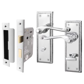 EAI Polished Chrome Georgian Scroll Bathroom Door Handle Set - 1 Pair of Internal Lever Handles & Lock (64mm) - Rope Design