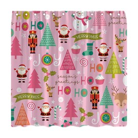 LAEDCIITI Cartoon Pink Christmas Shower Curtain Santa Claus Snowman Penguin Tree Present Happy New Year Merry Christmas Modern Winter Xmas Holiday Festival Fabric Bath Curtain Set with Hook