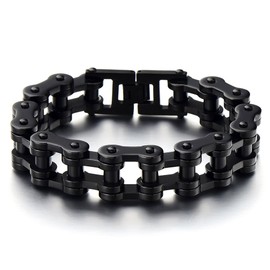 COOLSTEELANDBEYOND Masculine Mens Black Bike Chain Bracelet of Stainless Steel High Polished
