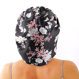 Satin Bonnet, Black Flowers, X-Large
