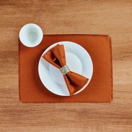 Solino Home Cinnamon Linen Placemats 19" L x 14" W Inch – 100% Pure Linen Fringe Placemats Set of 4 – Washable Cloth Placemats