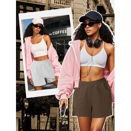 Locoowai 3 Pcs Women's Sweat Shorts, High Waisted Drawstring Athletic Shorts with Pockets Casual Comfy Running Shorts (Black, White, Brown,Medium)