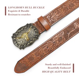 SENDEFN Western Cowboy Belt for Men Women Longhorn Bull Buckle Belts Floral Engraved Embossed Pattern 1.5" Wide for Jeans