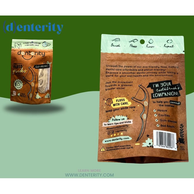 Denterity Biodegradable Dental Floss Picks, Earth Friendly Handle, Mint, 75ct