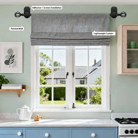 Curtain Rods No Drilling 32 to 43 Inch, 5/8 Inch Diameter No Drill Drapery Rod Set with Adhesive Brackets and Twiested Cage Finals, Bedroom Apartment Renter Friendly, Black