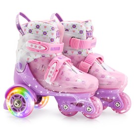 HYKID Toddler Roller Skates, 4 Adjustable Sizes, Fun Illuminating, Safety Three-Point Type, Breathable Upper, Beginners' Roller Skates for Girls Boys Kids (Charming Viola, S-Small,11-1)