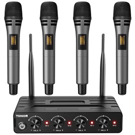 TONOR Microfono Inalambrico, 4x10 Canal UHF Micro, Micrófono Dinámico de Mano con Receptor, Multiset Operación, 60m Ideal para Karaoke Canto, Boda, Iglesia, reunión, Plata, PA, Amplificador