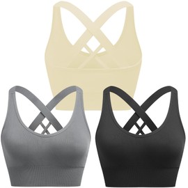 ANGOOL Women Sports Bra, Padded Removable Seamless Activewear Bras, Racerback Crisscross Strappy Athletic Bras, Support Workout Bralette for Yoga Gym Workout Fitness,Black+Gray+Beige,L