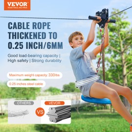 VEVOR Zip line Kits for Backyard，160ft Zip line Kit for Kids and Adult Up to 330 lb, Included Swing Seat, Ziplines Brake, and Steel Trolley, Outdoor Playground Equipment