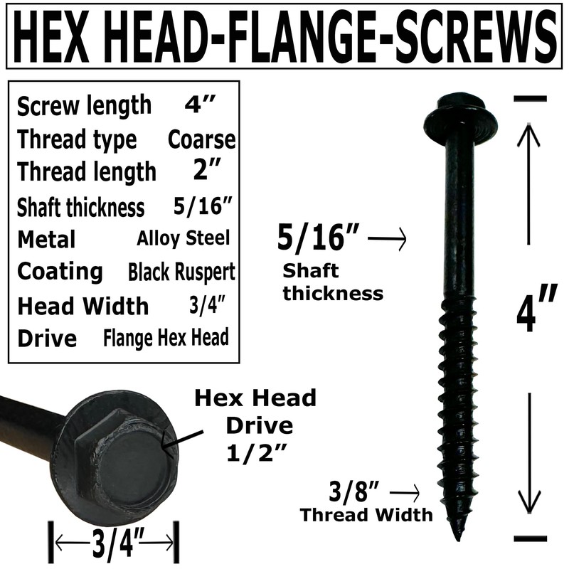 (25) 3/8” X 4” Black Hex Head Lag Wood Screws,