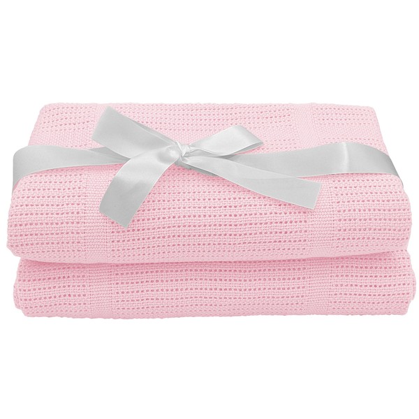 Noble & Brite Cotton Cellular Baby Blankets Twin Pack, Cellular Blanket For Newborn Baby, Soft and Lightweight For Baby Cot, Pram, Moses Basket, Travel (100 x 75cm, Pink)