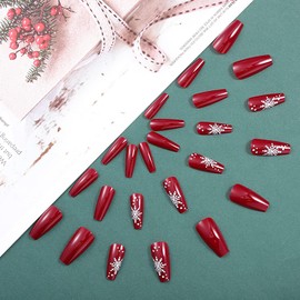 Ursumy Christmas Press on Nails Red Medium Length Fake Nails with Design False Nails Full Cover Acrylic Nails for Women and Girls (24Pcs)
