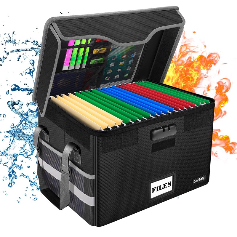 DocSafe Fireproof Document Box with Lock,File Storage Organizer with Pockets,Collapsible