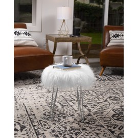 BIRDROCK HOME Round Faux Fur Foot Stool Ottoman - White with Silver Legs - Soft Compact Padded Vanity Seat - Bedroom Kids Room Chair - Hair Pin Metal Legs - Fluffy Makeup Seat