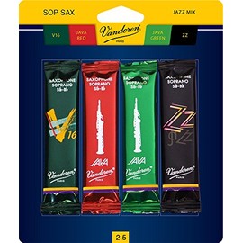 Vandoren SRMIXS25 Soprano Sax Jazz Reed Mix Card includes 1 each ZZ, V16, JAVA Green and JAVA Red Strength 2.5