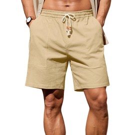 Sailwind Men's Linen Cotton Shorts 7" Elastic Waist Drawstring Casual Summer Beach Shorts Khaki