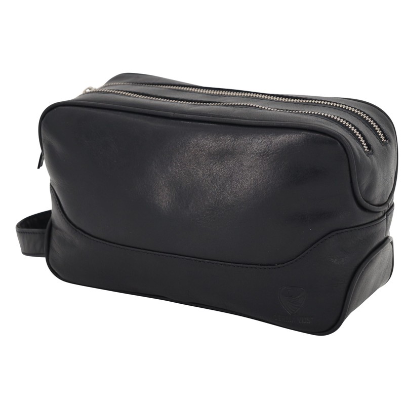 GERMANUS Black Leather Toiletry Bag, black, Toiletry bag with zips