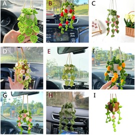 Crochet Hanging Plant for Car, Cute Car Plant Accessories, Knitted Plant Car Mirror Hanger, Boho Car Plant Crochet Hanging Basket (G)