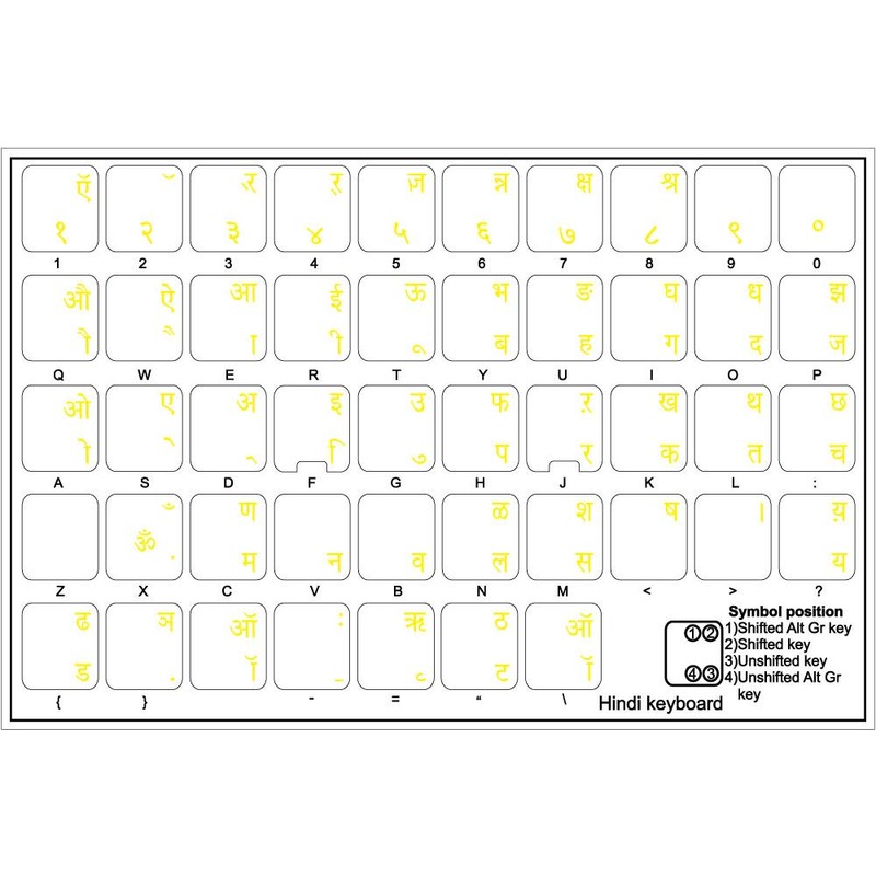 Hindi Keyboard Sticker with Yellow Lettering ON Clear Transparent Background