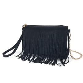HOXIS Fringe Cross Body Bag Womens Small Shoulder Bag Top Zip Wristlet, New Black, Small