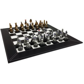 HPL Egyptian Anubis Chess Set Gold & Silver Painted Men W/ 18" Black Faux Leather Board