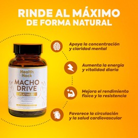 Health Hack Macho Drive Platinum | Maca Negra y Roja, Ginseng Coreano, L-Arginina, Zinc, Grano de Terciopelo y Vitamina D | Suplemento Masculino Premium para Vitalidad y Desempeño | 60 Cápsulas