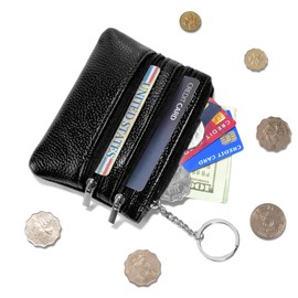 Chelmon 2 Pack Leather Coin Purse Pouch Change Card Holder Small Wallet with Keychain for Women and Men (Black & Black)