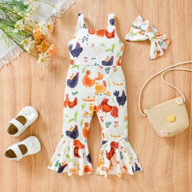 KMBANGI Toddler Baby Girl Farm Overalls Chickens Jumpsuit Bell Bottoms Flare Pants Headband 2PCS Outfits Summer Clothes (White, 2-3 Years)