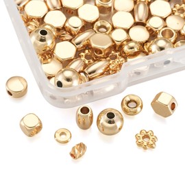 Craftdady 90pcs 18K Gold Spacer Beads 9 Styles Barrel Flat Round Flower Coin Metal Beads Charms for Jewelry Making Necklace Bracelet Earrings Crafts
