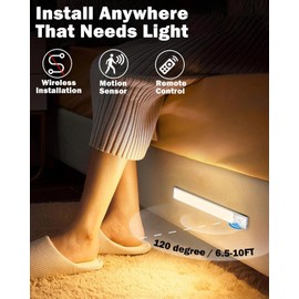 Haigvel Under Cabinet Lights Wireless, 3 Color Kitchen Counter Lighting Wireless, 64 LEDs Rechargeable Motion Sensor Closet Lights with Remote, Dimmable LED Night Light for Shelf Pantry Stair,3 Pack