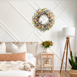 egolot Egolot 24 Inch Spring Summer Colorful Flower Wreath for Front Door, Forsythia Lavender Wild Flowers Wreath for Home Decor, Colorful Wild Flowers with Green Leaves for Everyday