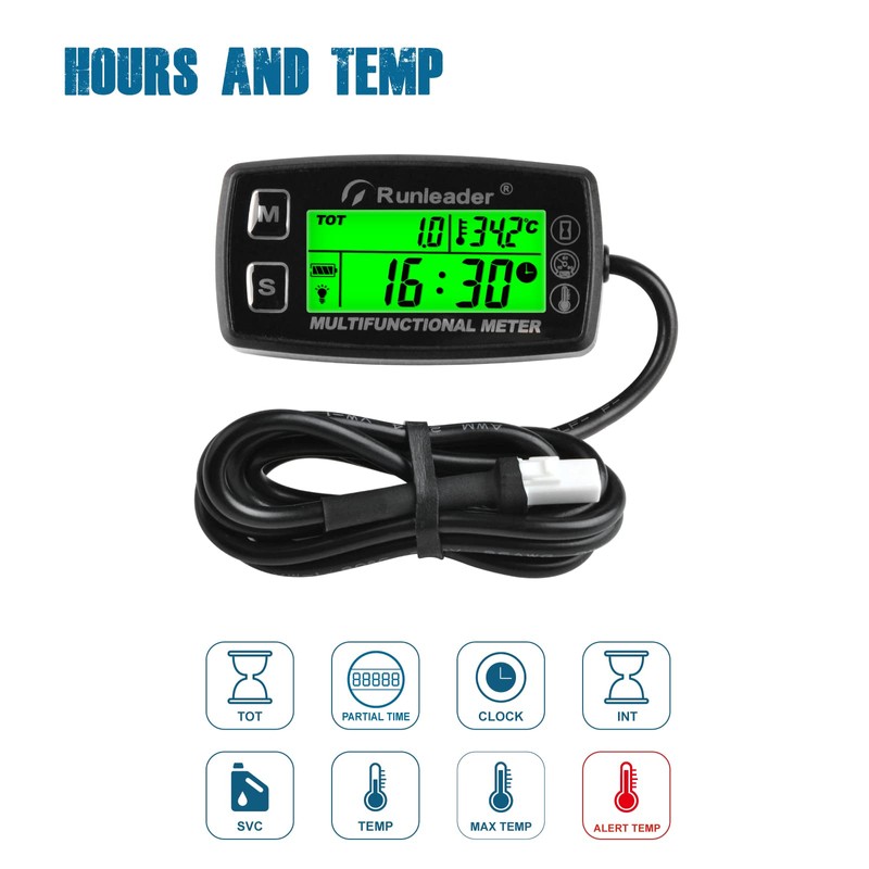 Runleader Digital Tach Hour Meter,Engine Temperature Gauge,Alert RPM & Temp,Backlights
